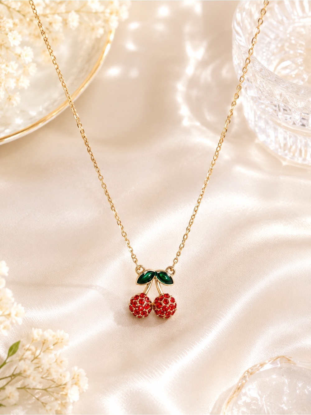 Sparkling Cherry Pendant Necklace | Gold Tone | Red Rhinestones